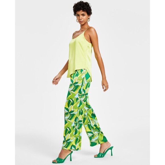 Bar III Women's XL Floral-Print Bright Green High-Rise Pull-On Satin Pants NWT - Picture 3 of 6